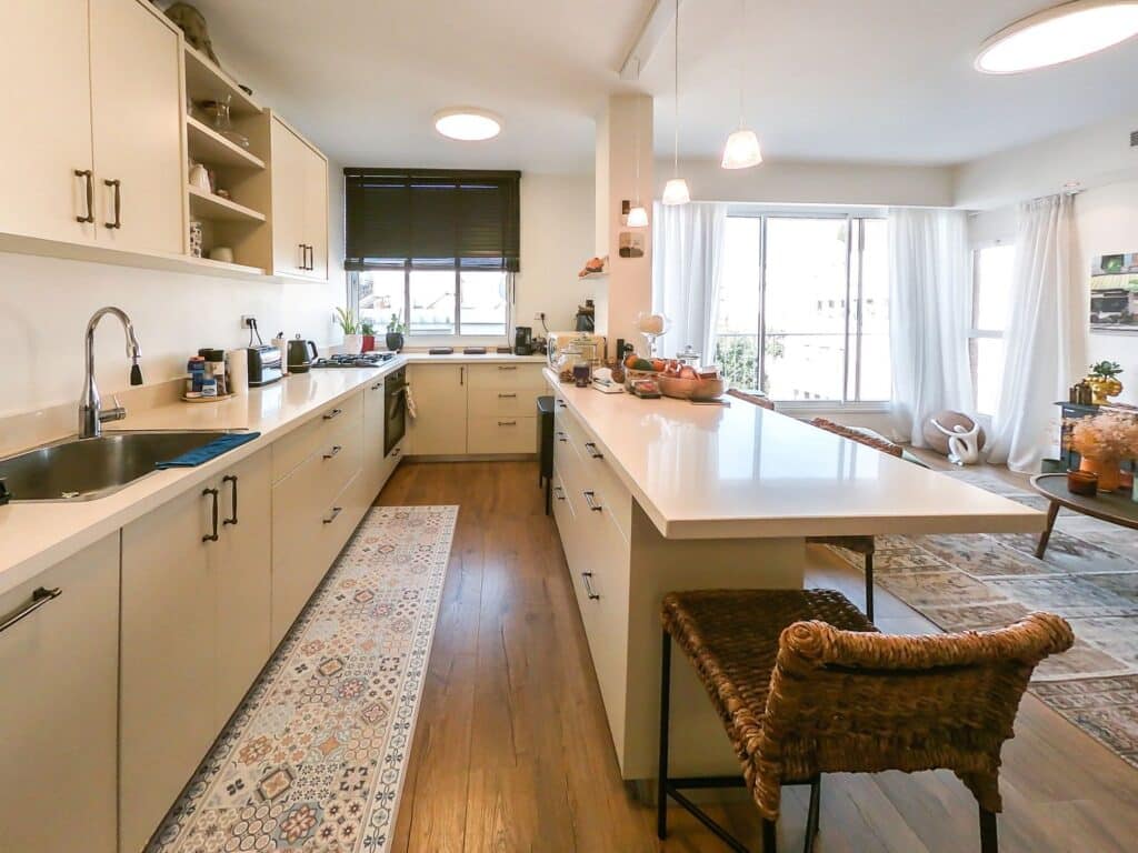 Bright open-plan kitchen with island seating