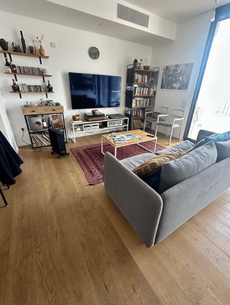 Designer living room with smart lighting and TV setup