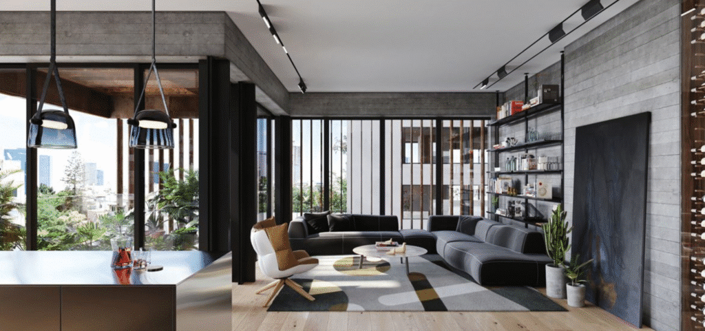 Modern living room with floor-to-ceiling windows in Tel Aviv penthouse