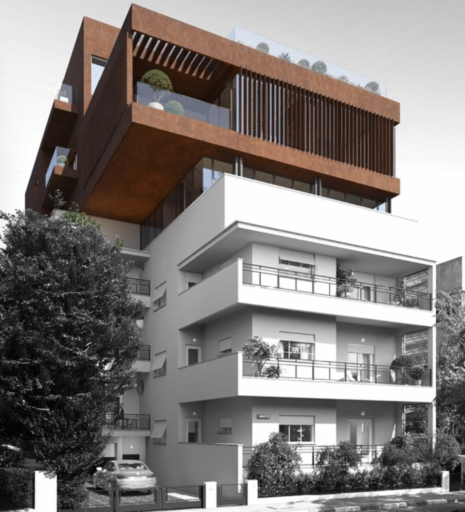 Contrasting facade showing restored and modern architecture in Tel Aviv