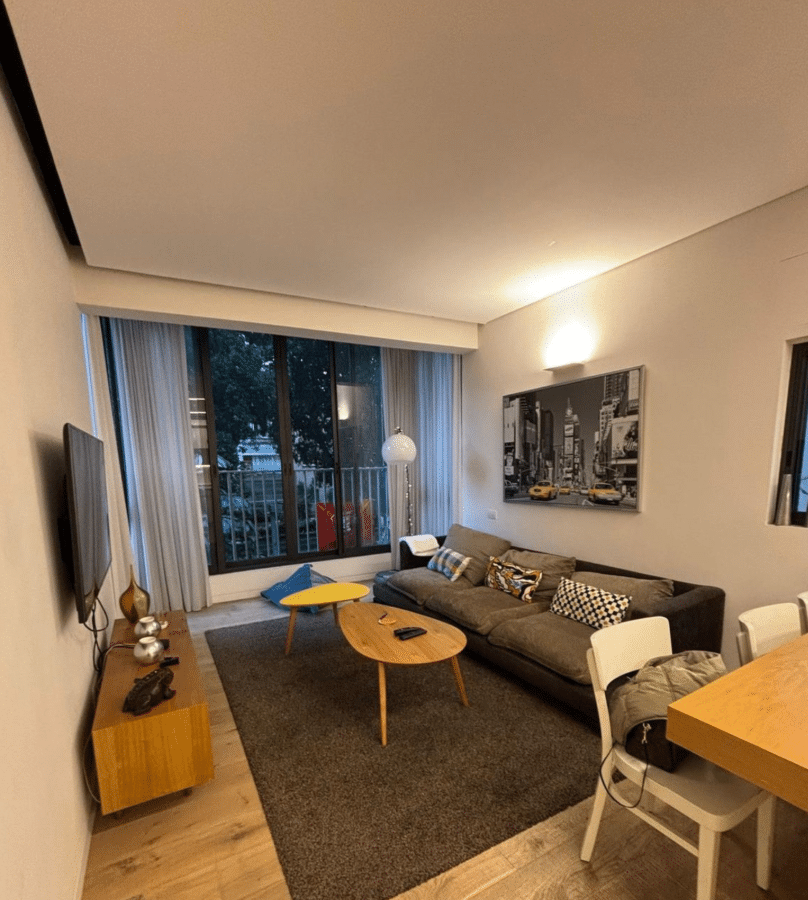 Bright living room with modern furniture and large windows in Tel Aviv apartment