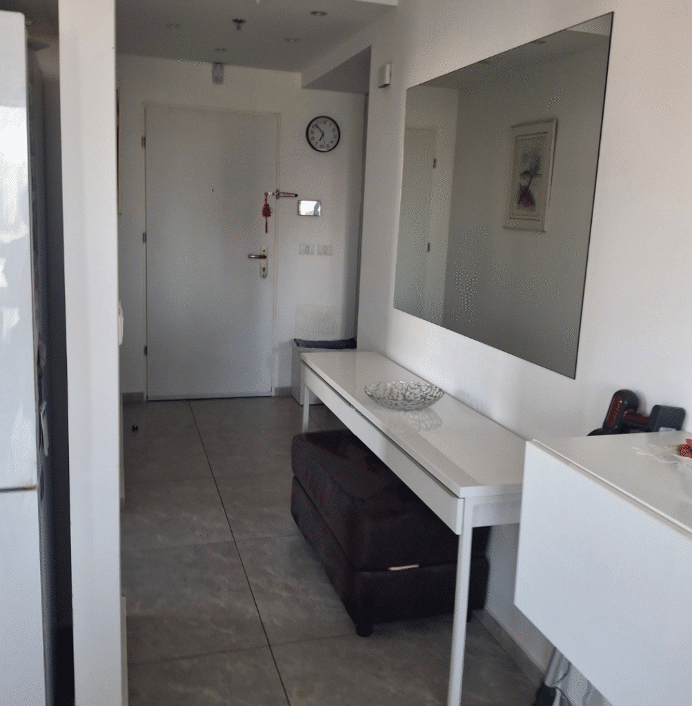 Entry hallway with mirror and console table in Tel Aviv apartment