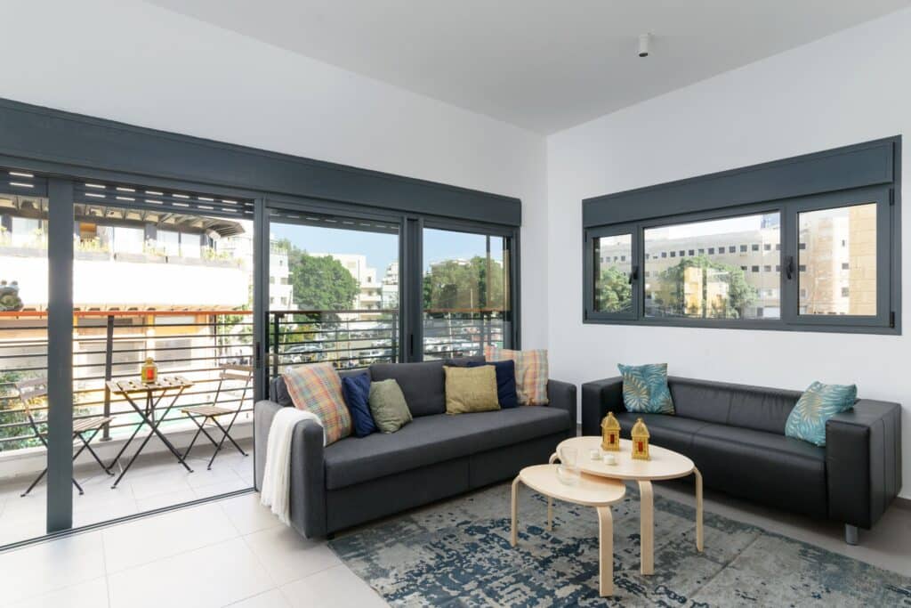 Balcony view with outdoor seating next to living area