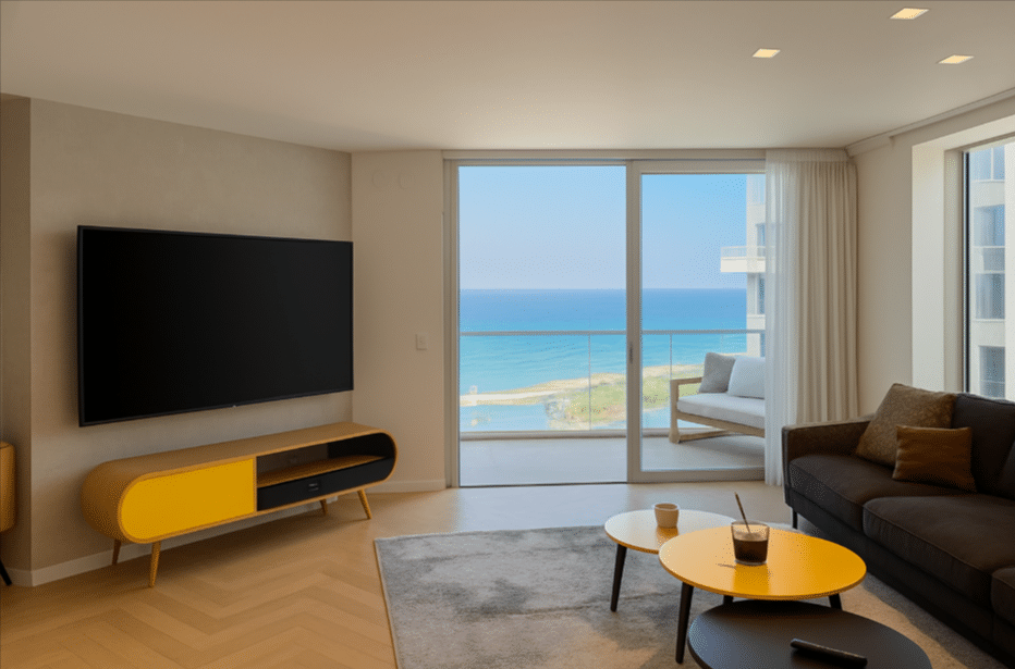 Sea view from living room and balcony in North Tel Aviv beachfront apartment