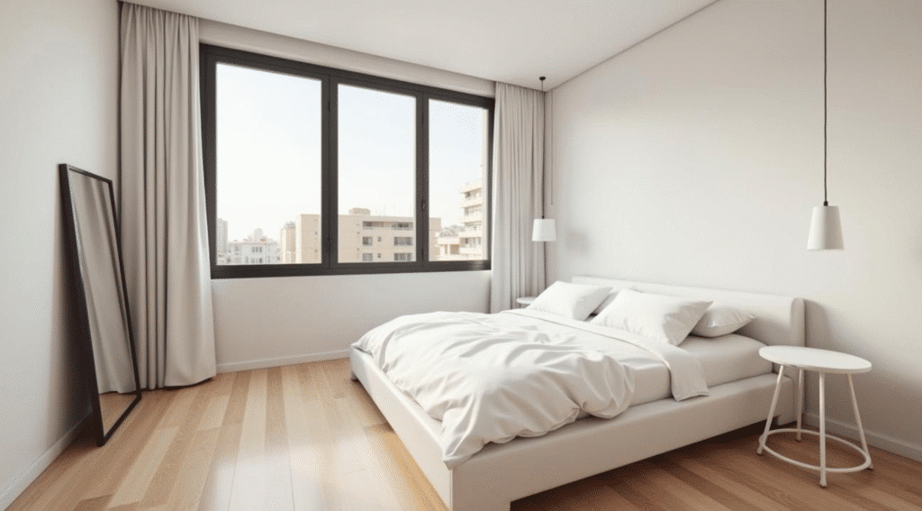 Bright and airy bedroom in central Tel Aviv apartment with large window