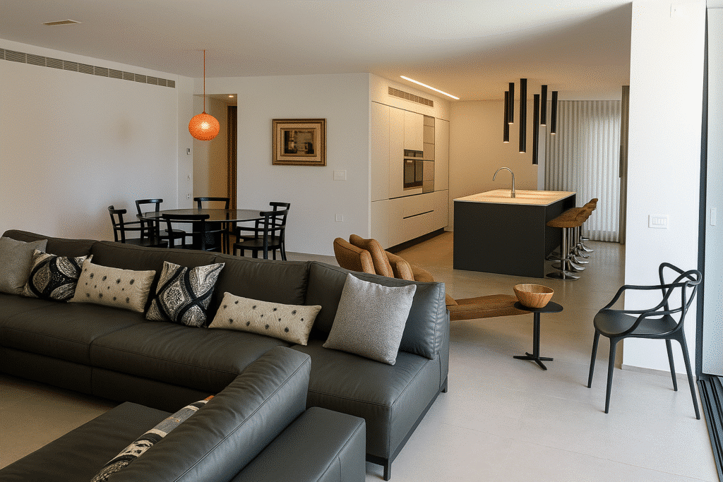 Spacious open-plan living and dining area with upscale furnishings
