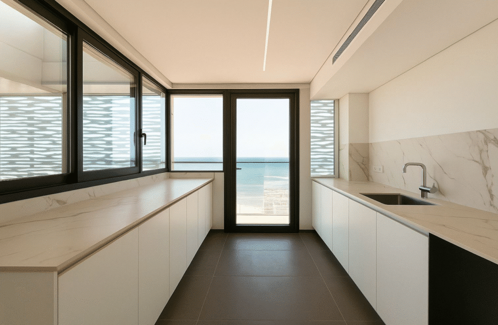 Sea-facing designer kitchen with marble finishes in Tel Aviv apartment