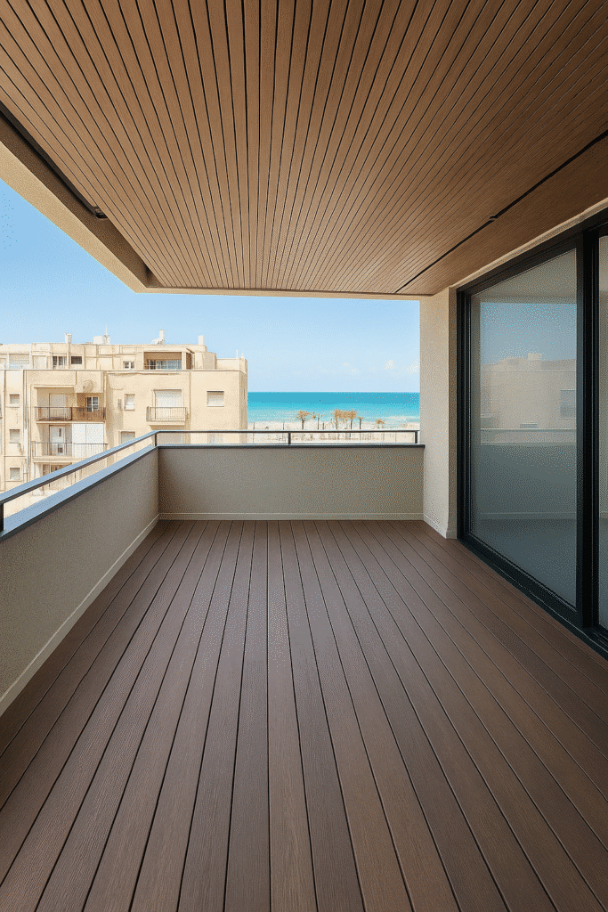 Spacious balcony with wooden deck and open sea view in Tel Aviv rental