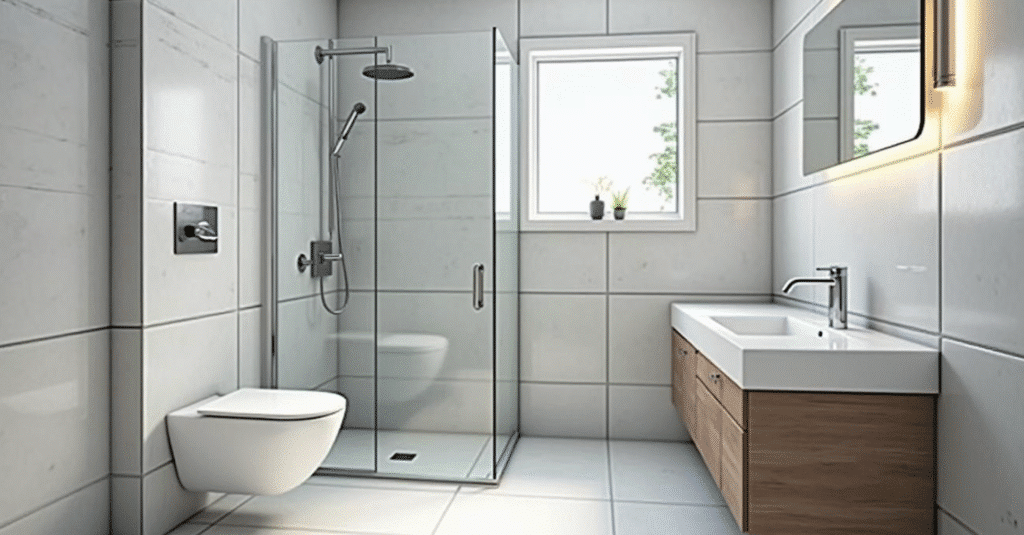 Elegant bathroom with glass shower and natural light in Tel Aviv apartment