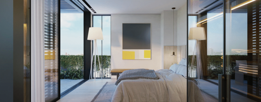Bright bedroom with balcony access in Tel Aviv apartment for sale