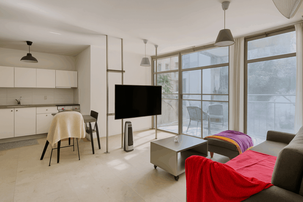 Open-plan living and kitchen space with large windows and TV – apartment for sale in Tel Aviv