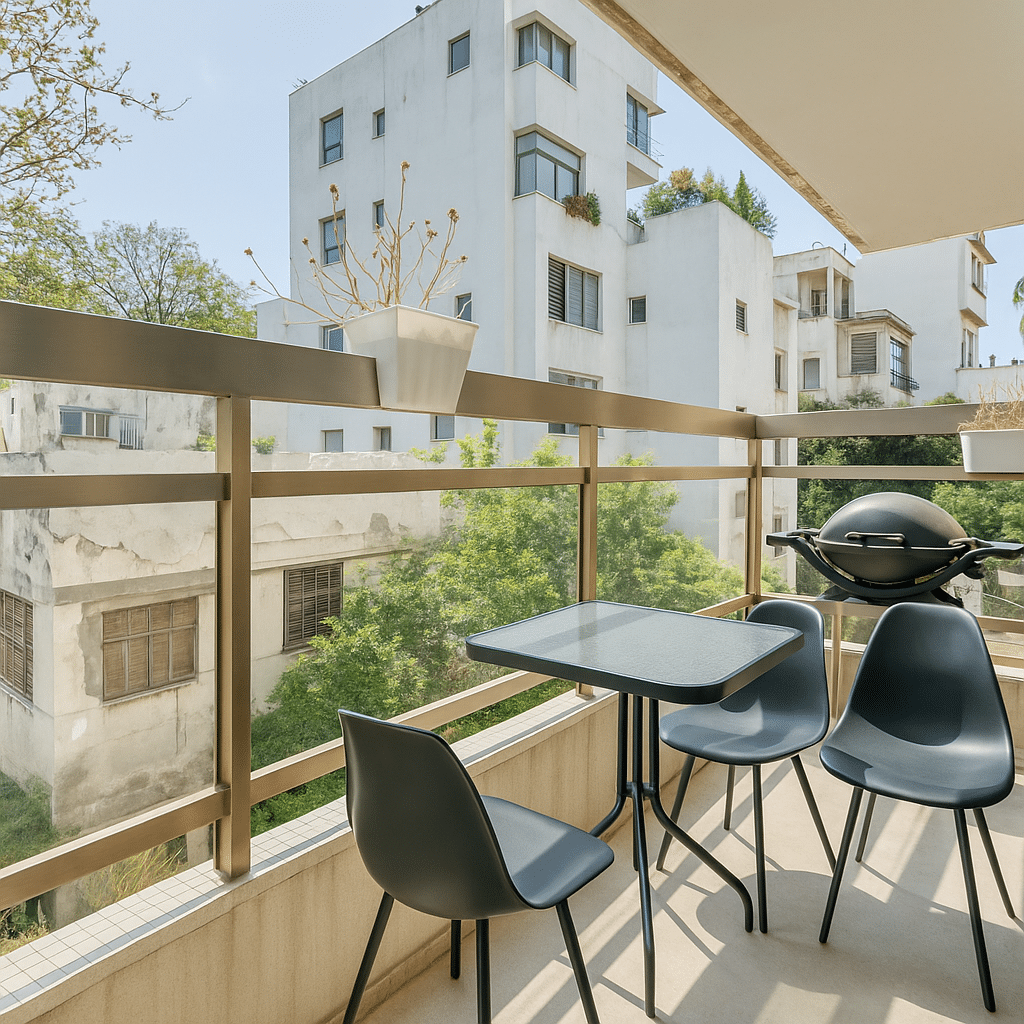 Sunny balcony with outdoor seating and urban views – Tel Aviv apartment for sale