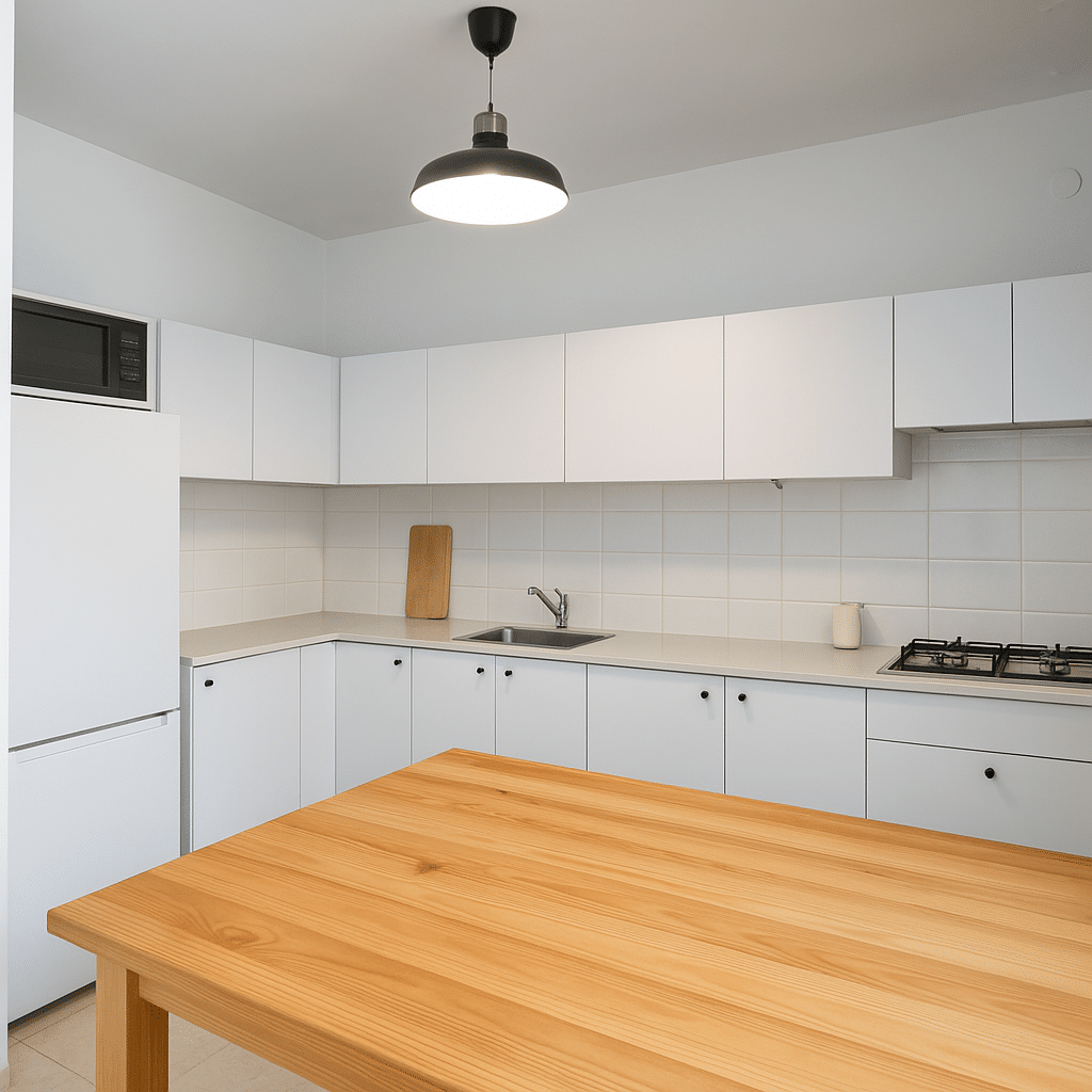 Modern white kitchen with wood dining table in apartment for sale in Tel Aviv