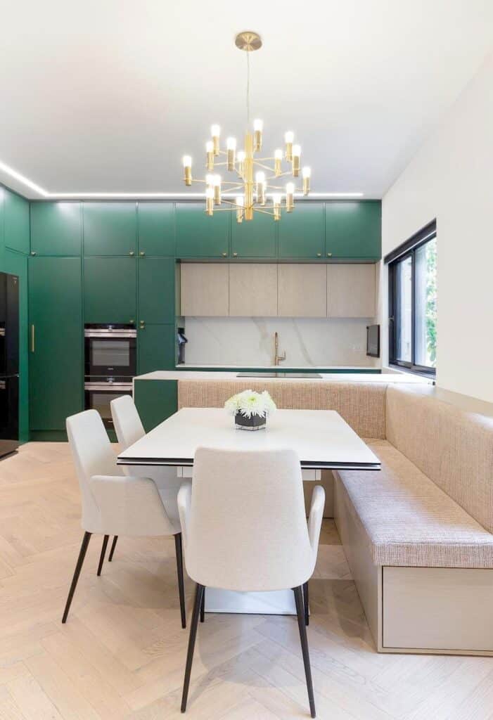 Beautifully designed living room and dining area in renovated Tel Aviv apartment near Frishman Beach